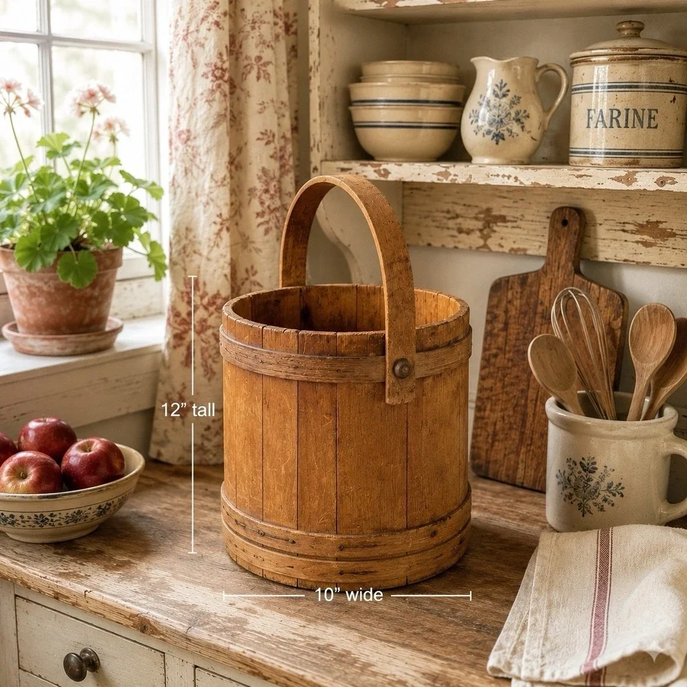 Antique Wooden Firkin Rustic Sugar Bucket Pail with handle  10